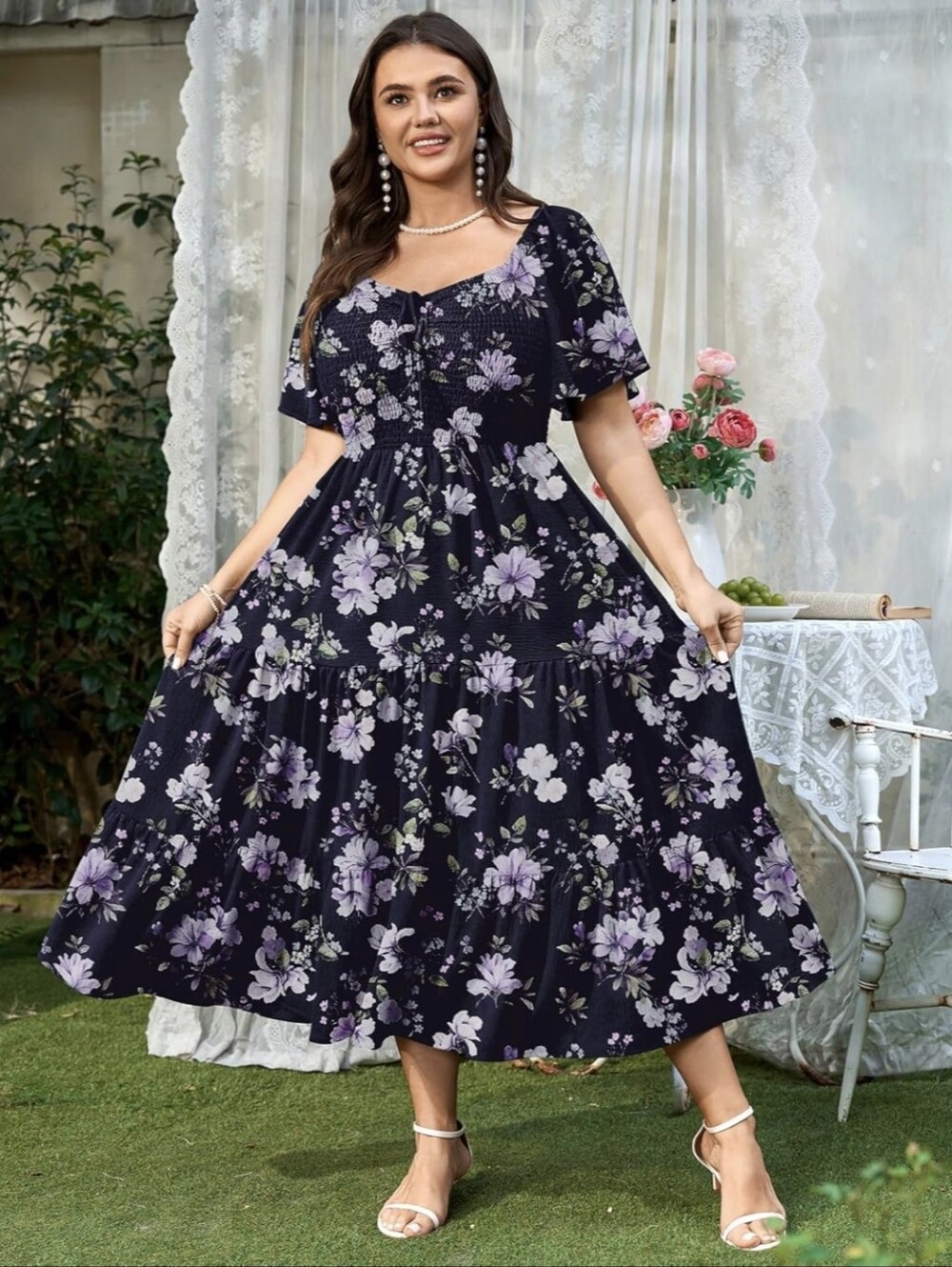 Plus Floral Maxi Dress in Navy with Lavender Blooms - Picture 3 of 4
